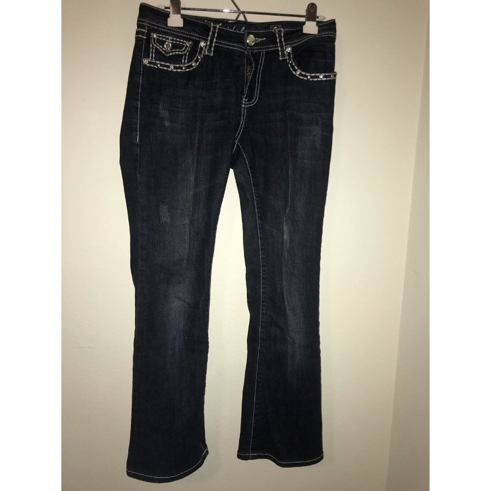 L A Idol Jeans Women Size 9 31x28 Distressed Rhinestone Embroidered Pocket
